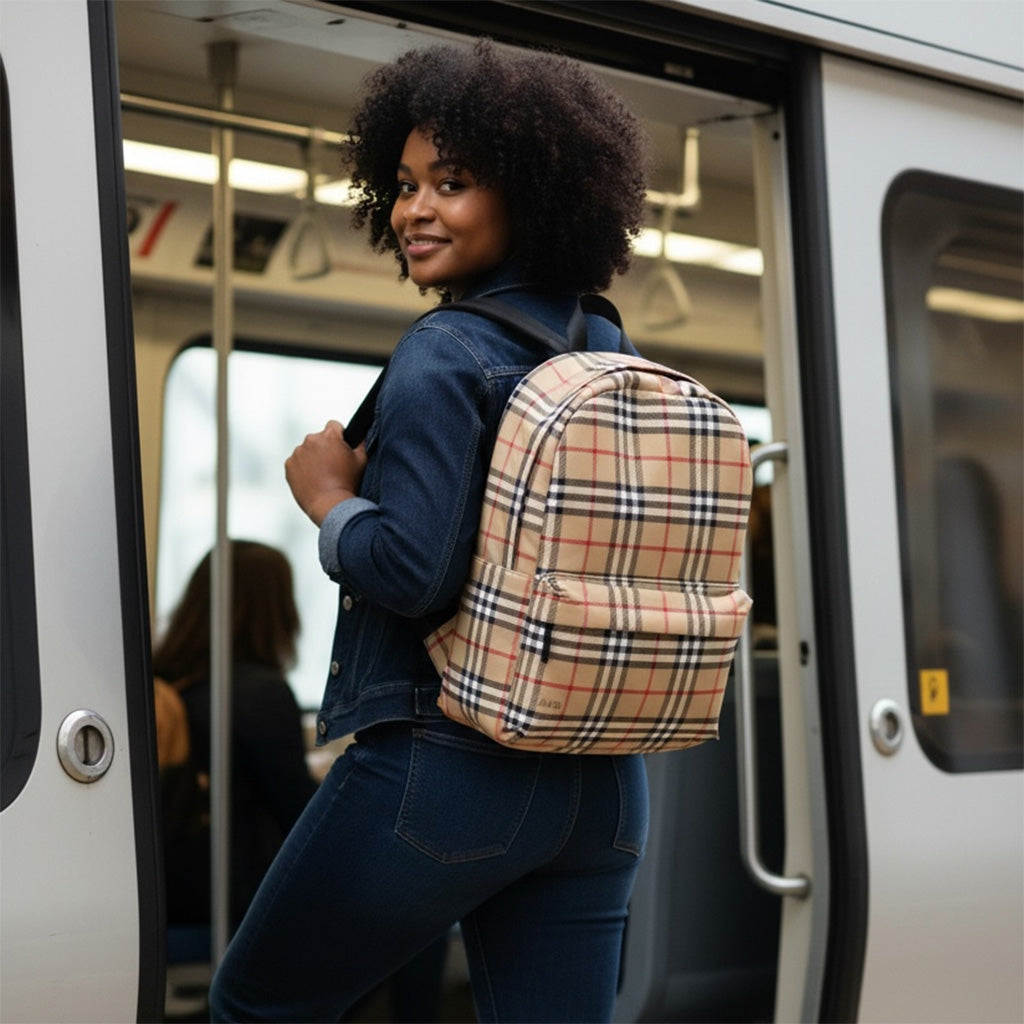 Woman with a plaid backpack exiting a train