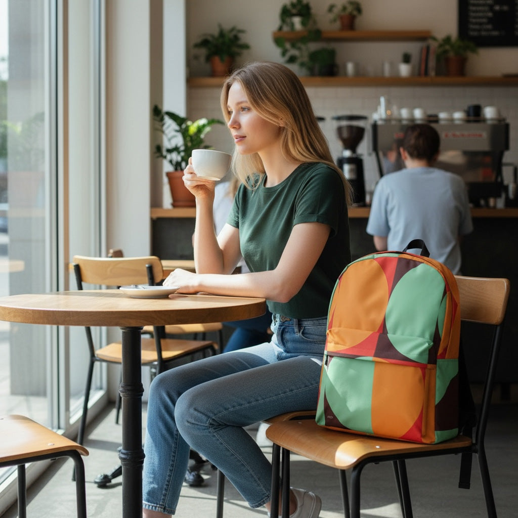 Woman sitting at a cafe table with a colorful backpack next to her, holding a cup.