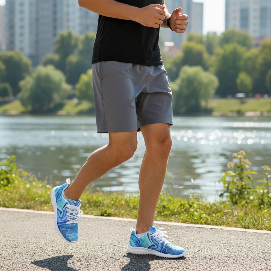 Person running with blue splash sneakers by a lake with trees and buildings in the background