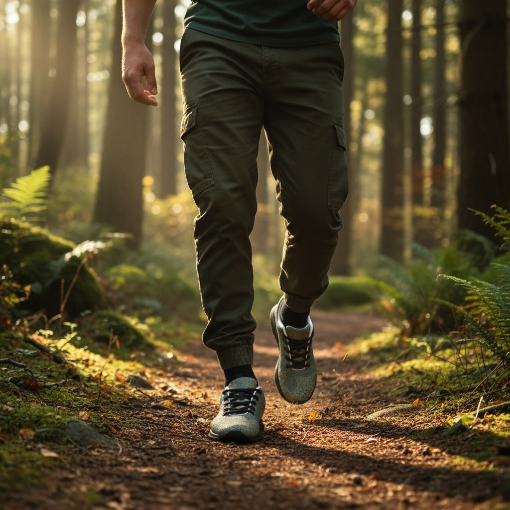 Person running on a forest path wearing camo print athletic shoes