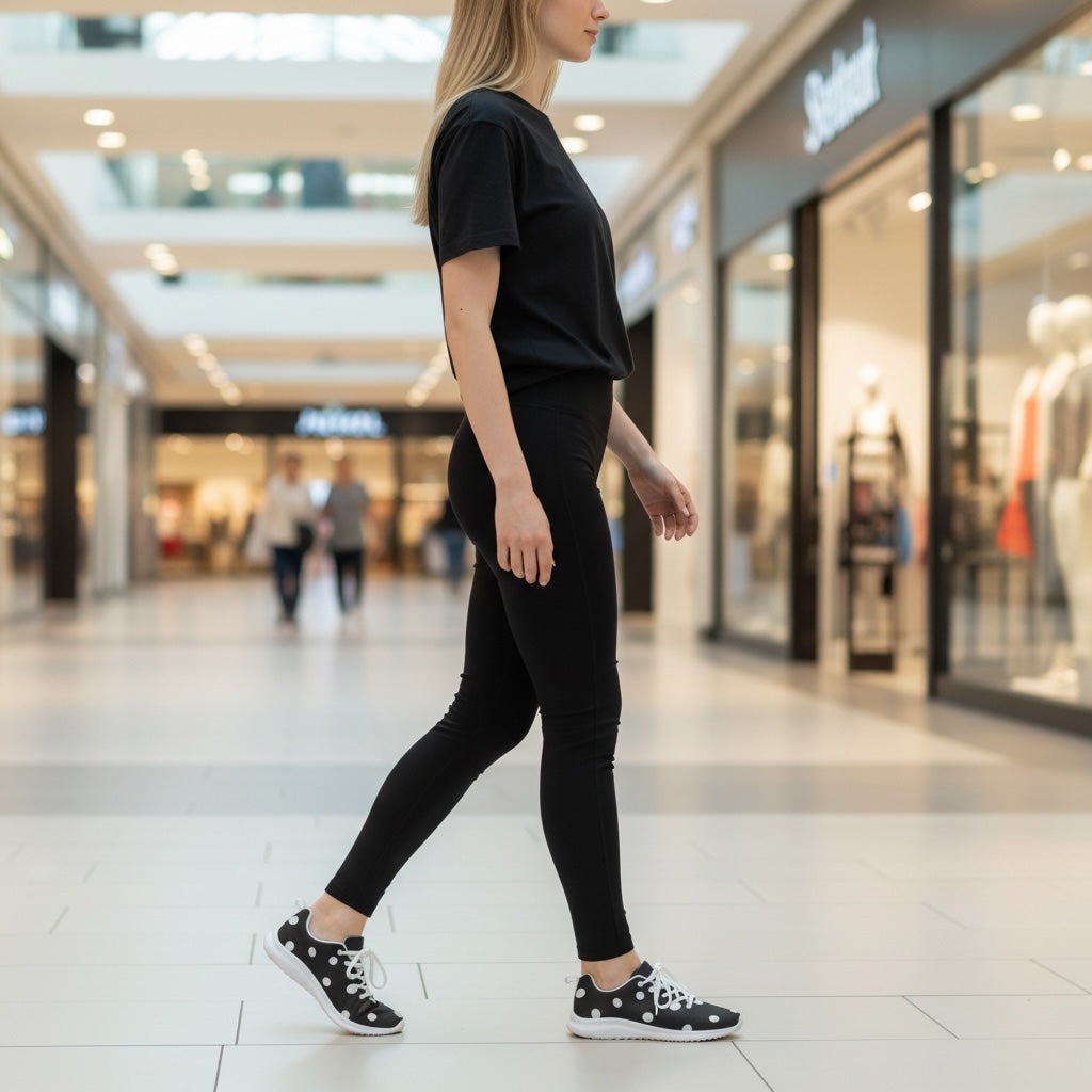 Woman wearing Dotty athletic shoes walking through a shopping mall