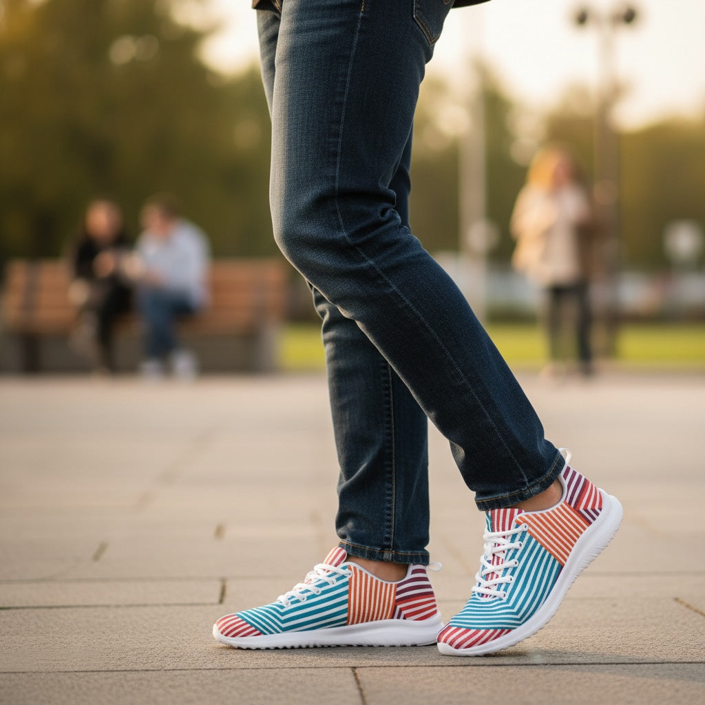 Person wearing colorful striped sneakers and dark jeans on a blurred outdoor background