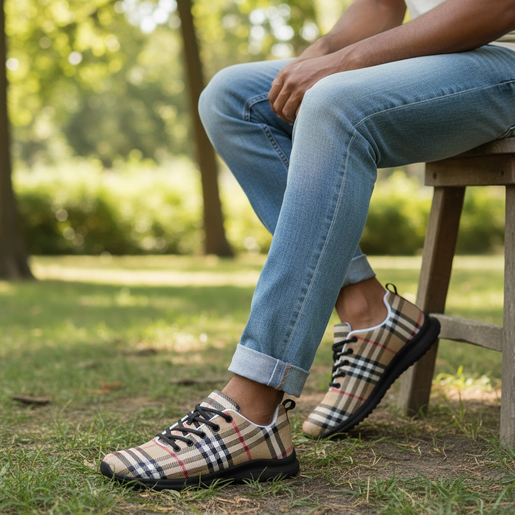 Person wearing checkered shoes and blue jeans sitting on a stool in a park.