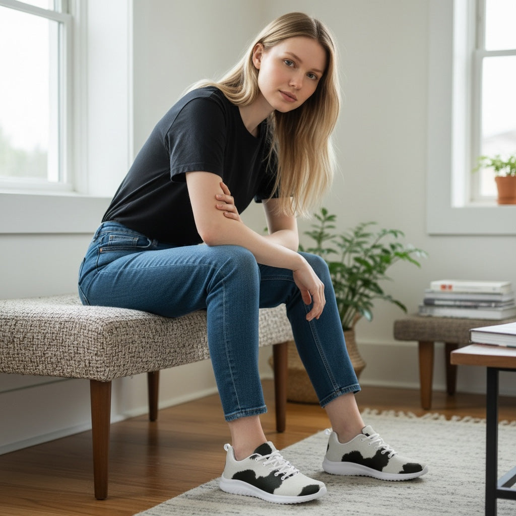 Woman sitting on a bench wearing black and white cow print sneakers in a home setting.