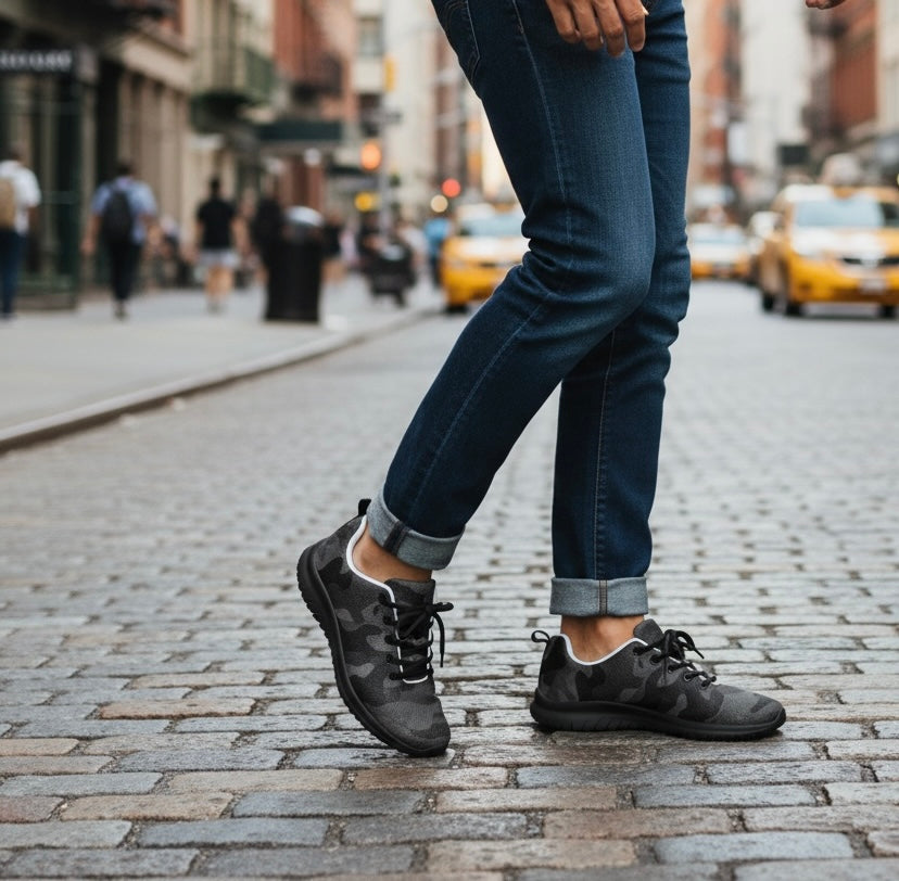Person wearing Stealth sneakers on a city street.