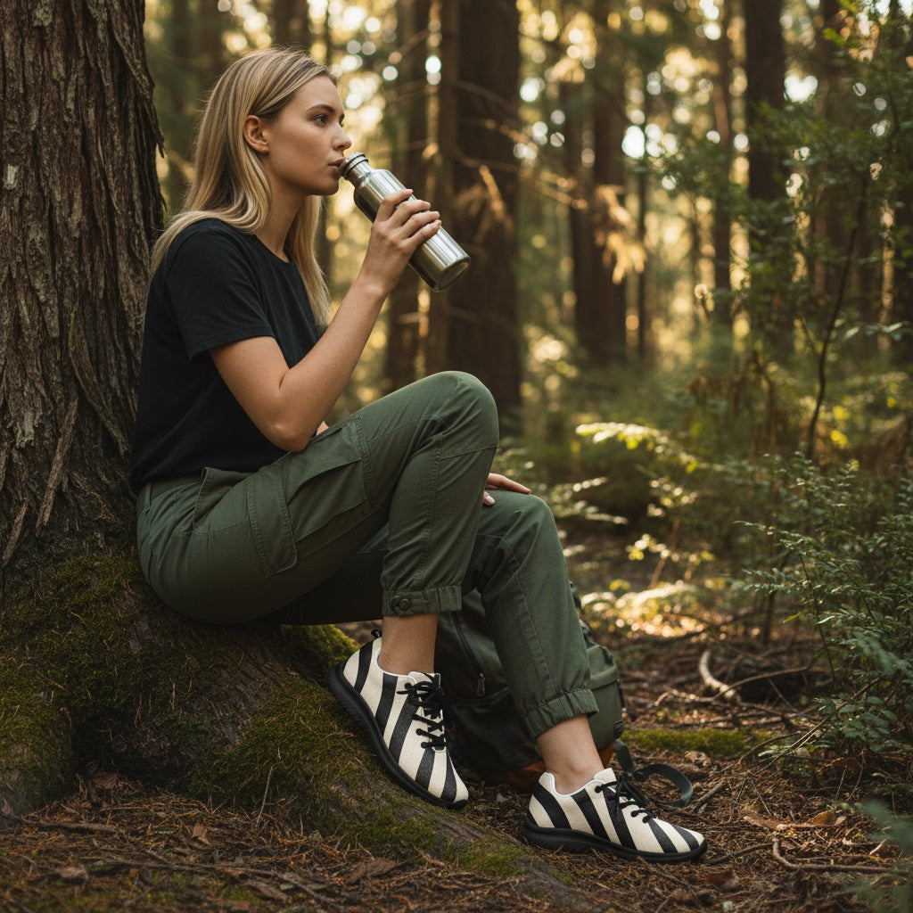 Woman wearing zebra athletic shoes in a forest