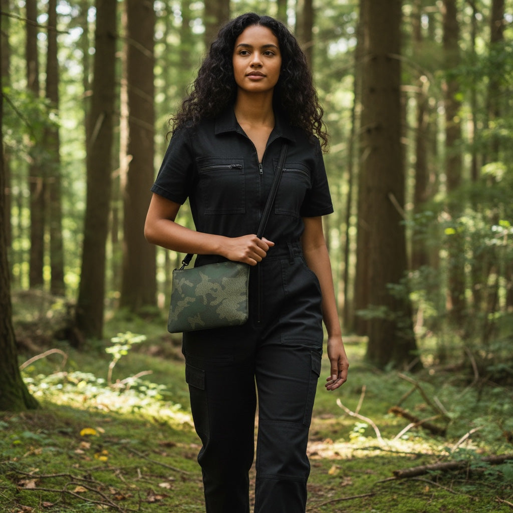 Woman in black outfit holding a camouflage crossbody bag in a forest