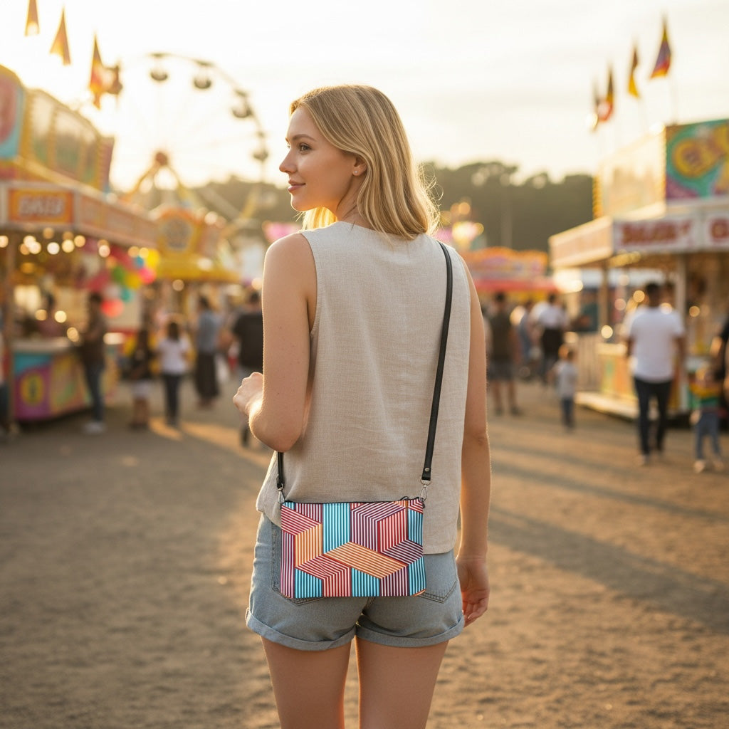 Woman with a colorful geometric-patterned bag at a fairground.