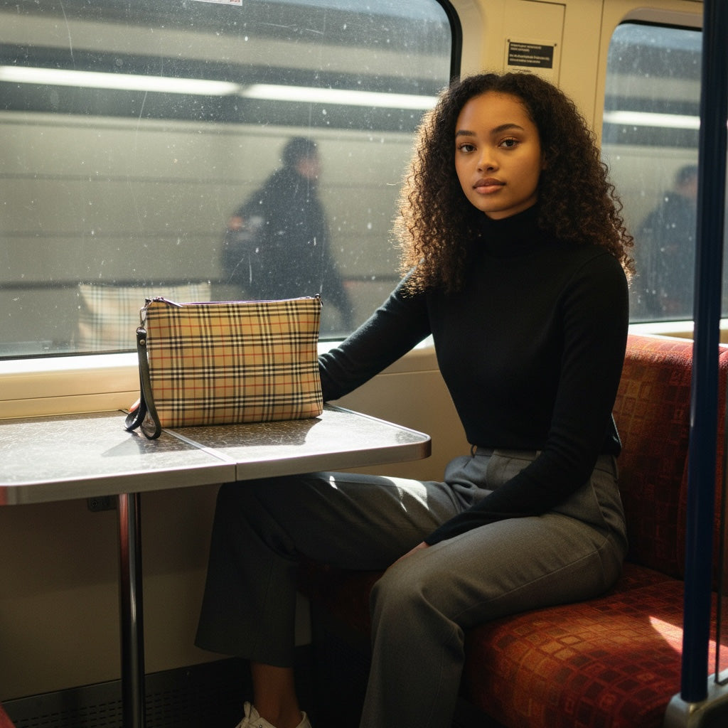 Woman sitting on a train with a plaid bag on the table