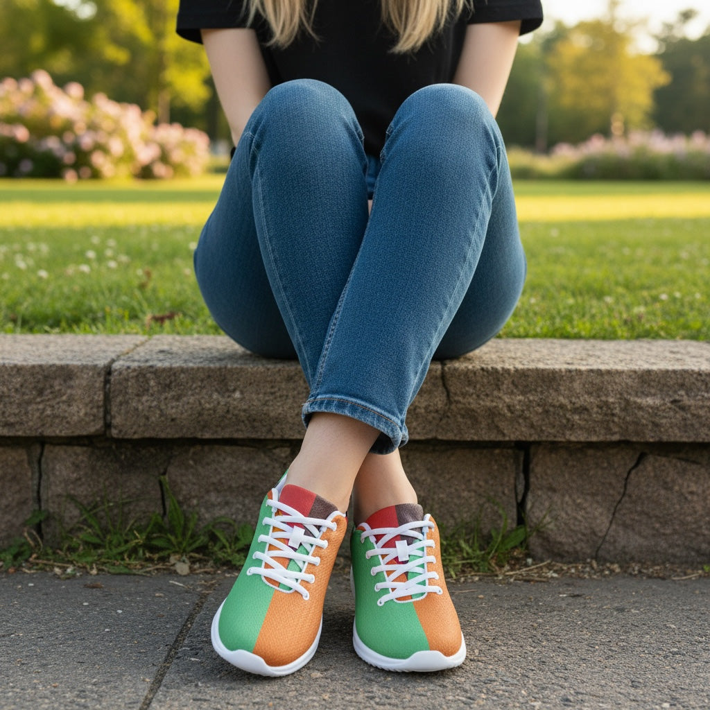 Person sitting on a stone ledge wearing blue jeans and colorful sneakers with a park in the background.