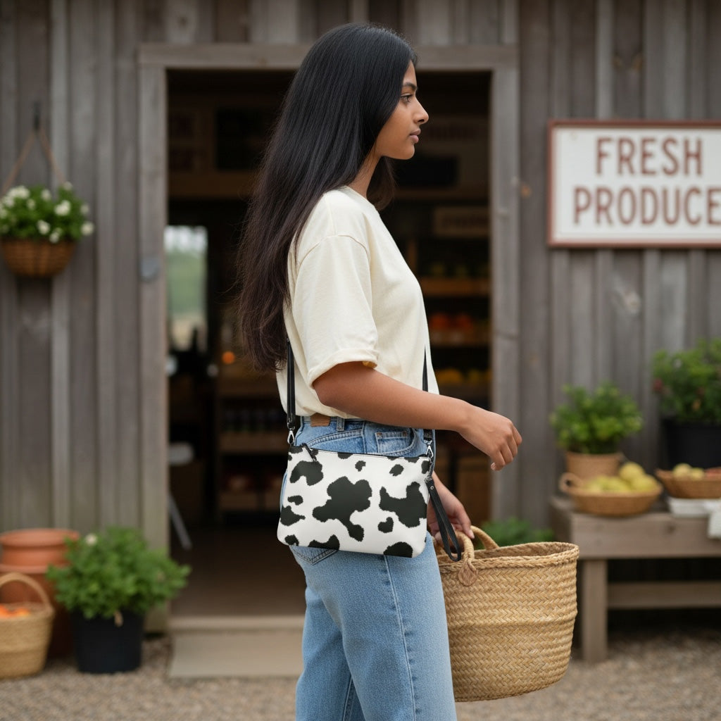 Woman wearing a cow print crossbody bag and a basket in front of a rustic wooden building with 'Fresh Produce' sign.