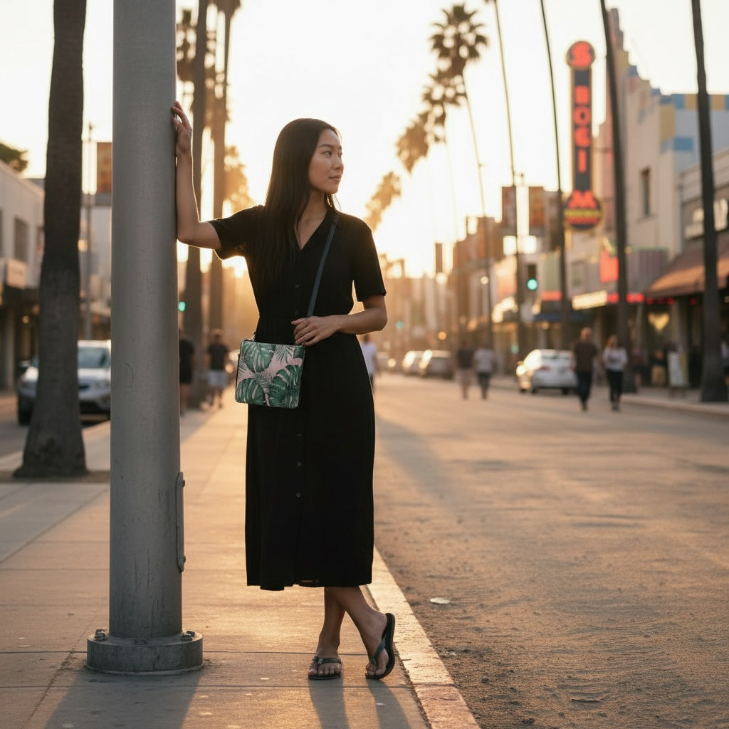 Woman in a black dress standing on a city street at sunset, holding a green and white patterned handbag.