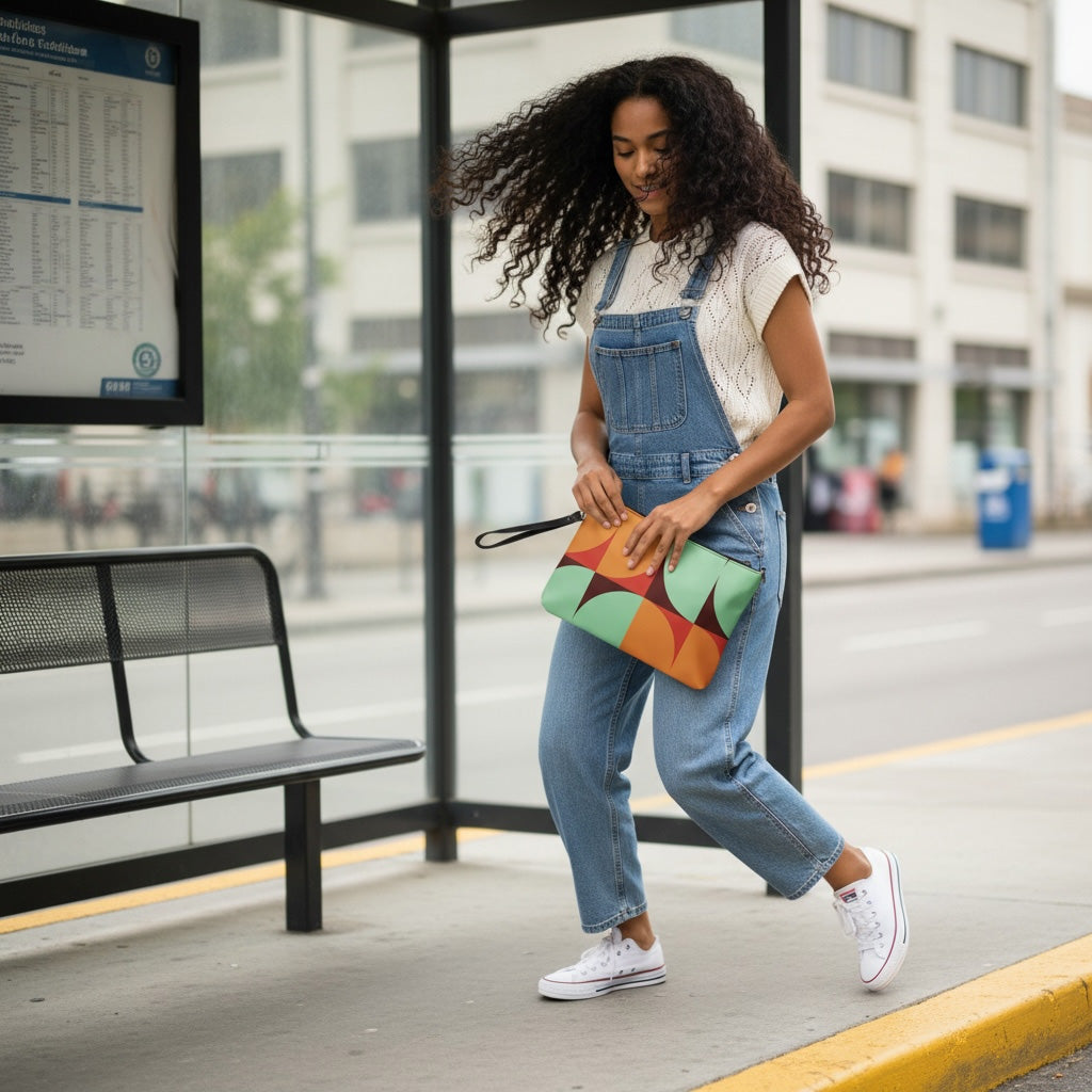 Woman in denim overalls standing at a bus stop holding a colorful clutch.