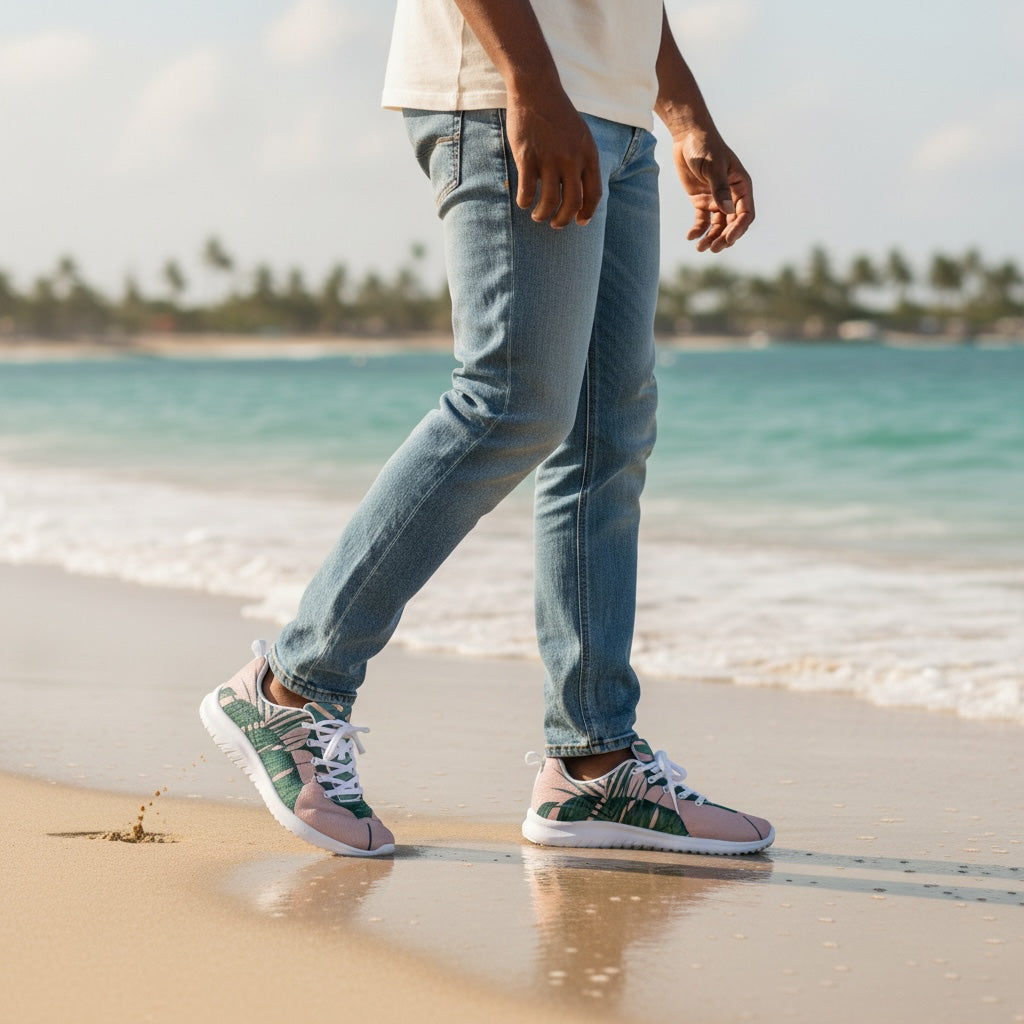 Person wearing jeans and sneakers walking on a beach with ocean and palm trees in the background