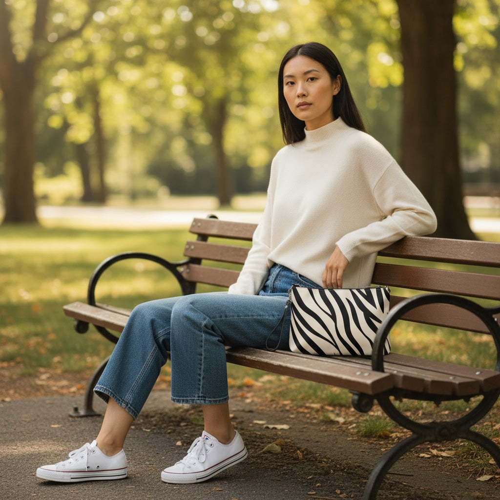 Woman sitting on a park bench with a zebra-striped bag, surrounded by greenery.