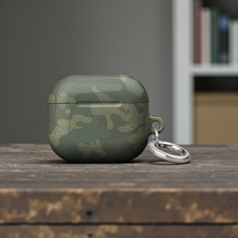 Green camouflage-patterned case on a wooden surface with a blurred background
