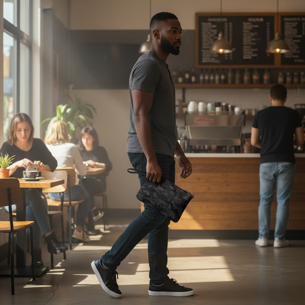 Man walking through a coffee shop with customers seated at tables.