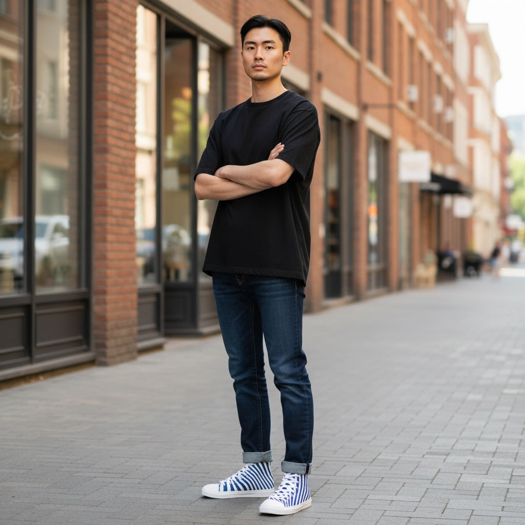 Man standing on a street wearing Blue Wave high-top canvs shoes