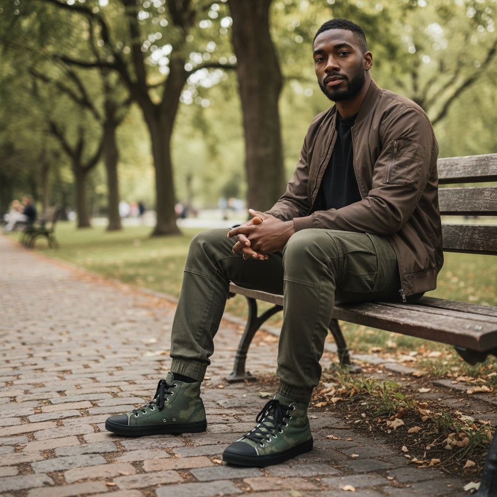 Man sitting on a bench in a park wearing a brown jacket and Camo green boots.