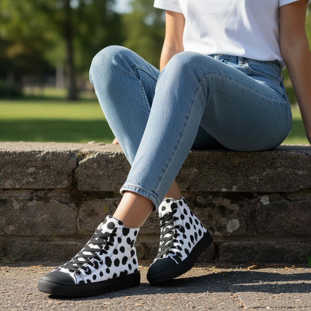 Person wearing polka dot shoes sitting on stone steps with a blurred green outdoor background