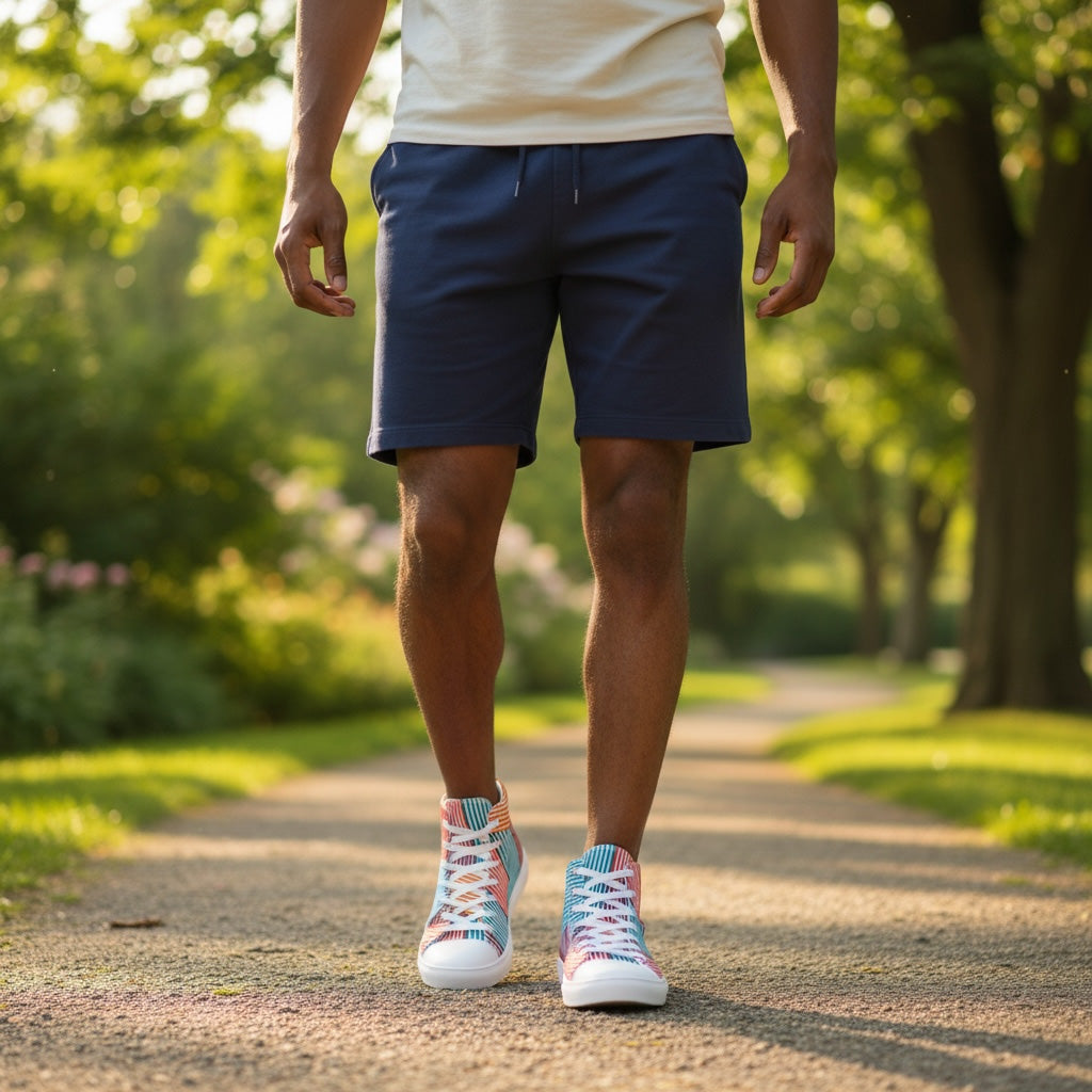 Person wearing navy shorts and colorful sneakers walking on a path in a park.