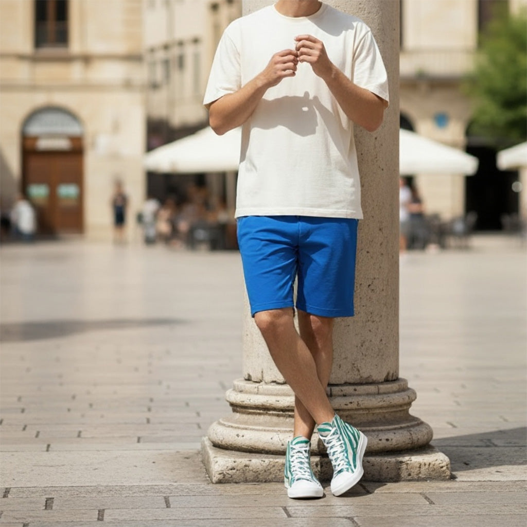 Person wearing a white t-shirt, blue shorts, and white sneakers standing in an outdoor setting.