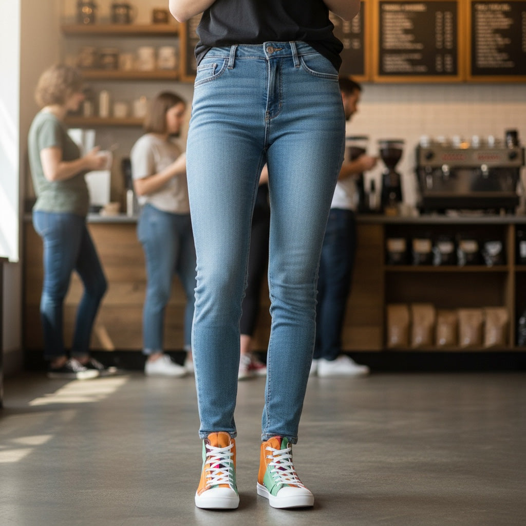Person wearing blue jeans and colorful sneakers in a coffee shop setting