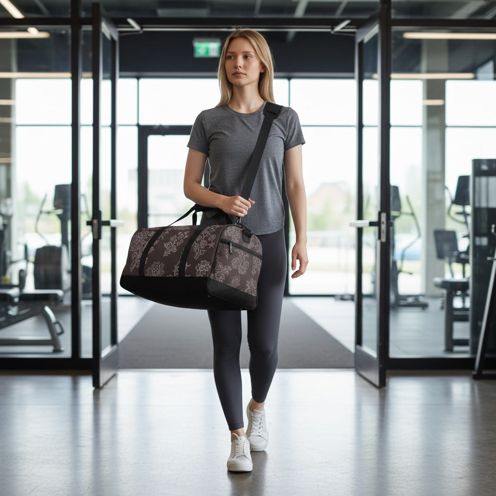 Woman walking through a modern building with a duffel bag