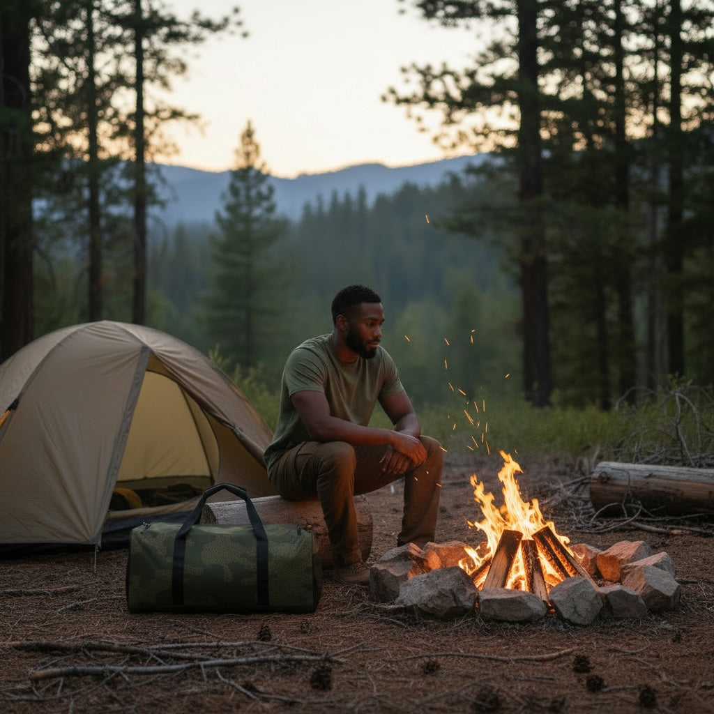 Man sitting by a campfire with a tent and duffel bag in a forest setting