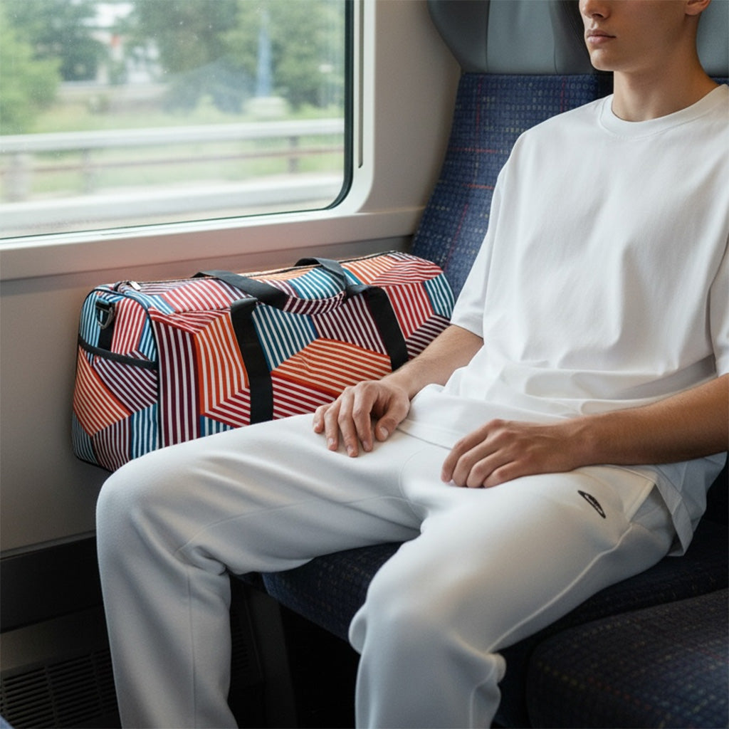 Person sitting on a train with a colorful geometric-patterned duffel bag next to them.