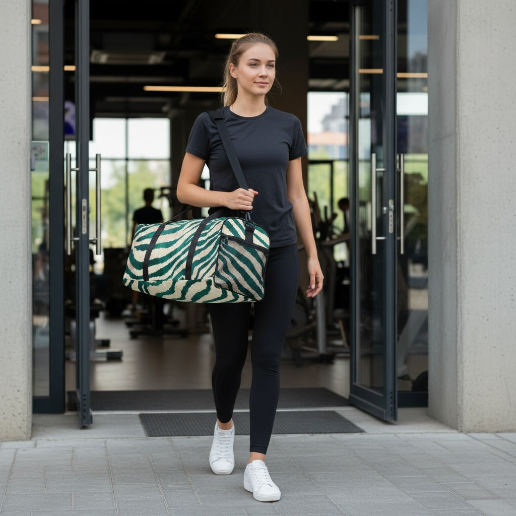 Woman holding a green and black patterned duffel bag in an urban setting.