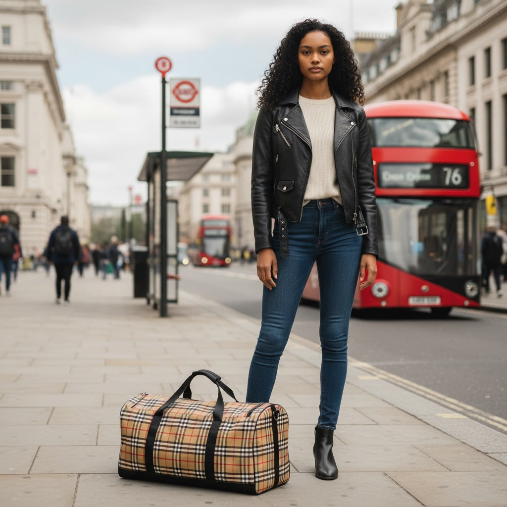 Woman standing on a city street with a checkered duffel bag, red double-decker bus in the background