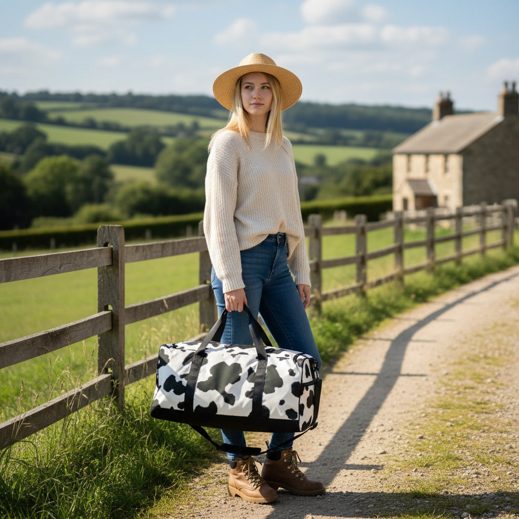 Woman holding a cow print bag in a countryside setting