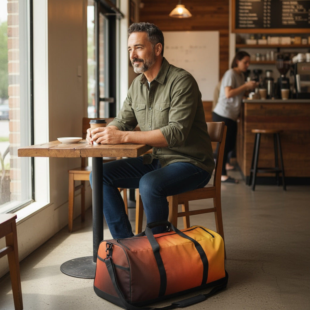 Man sitting at a table in a cafe with an orange duffel bag in front of him