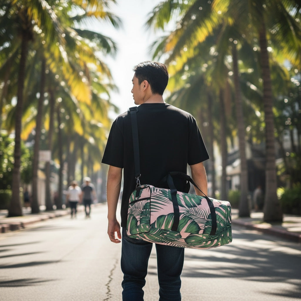 Person walking with a tropical patterned bag on a palm tree-lined street