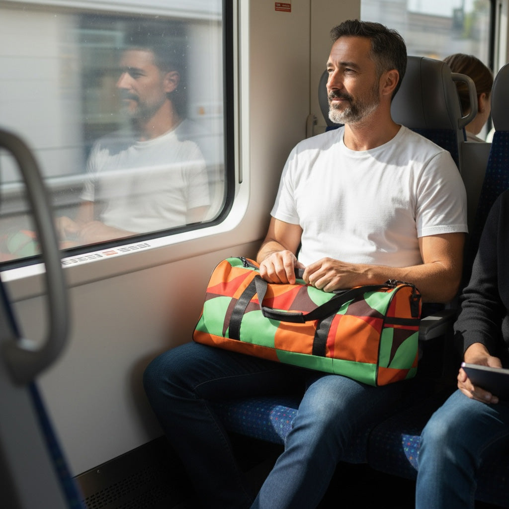 Man sitting on a train holding a colorful duffel bag, looking out the window.