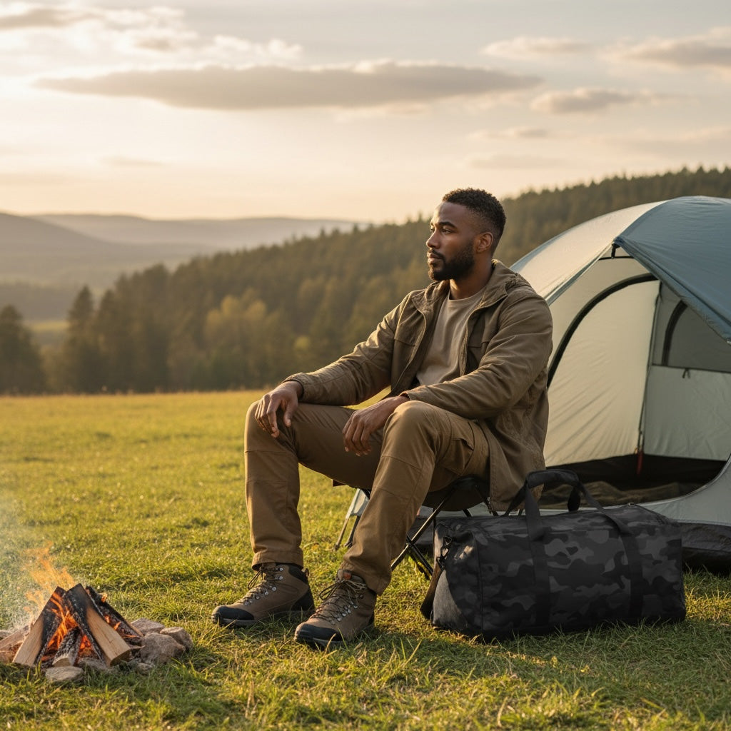 Man sitting by a campfire with a tent in a scenic outdoor setting next to stealth duffle bag