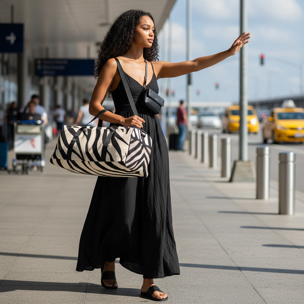 Woman in a black dress with a zebra-patterned bag hitchhiking outdoors.
