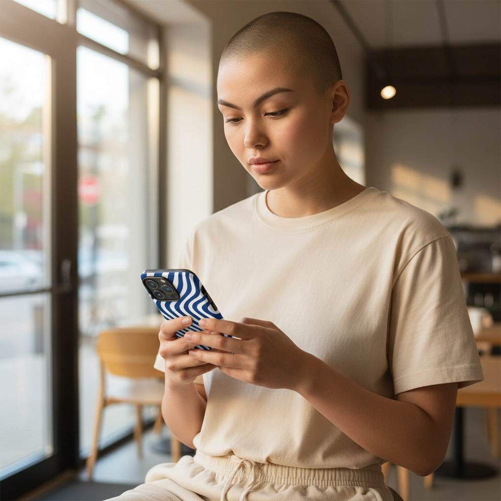 Person using an iphone with a Blue Wave Magsafe case