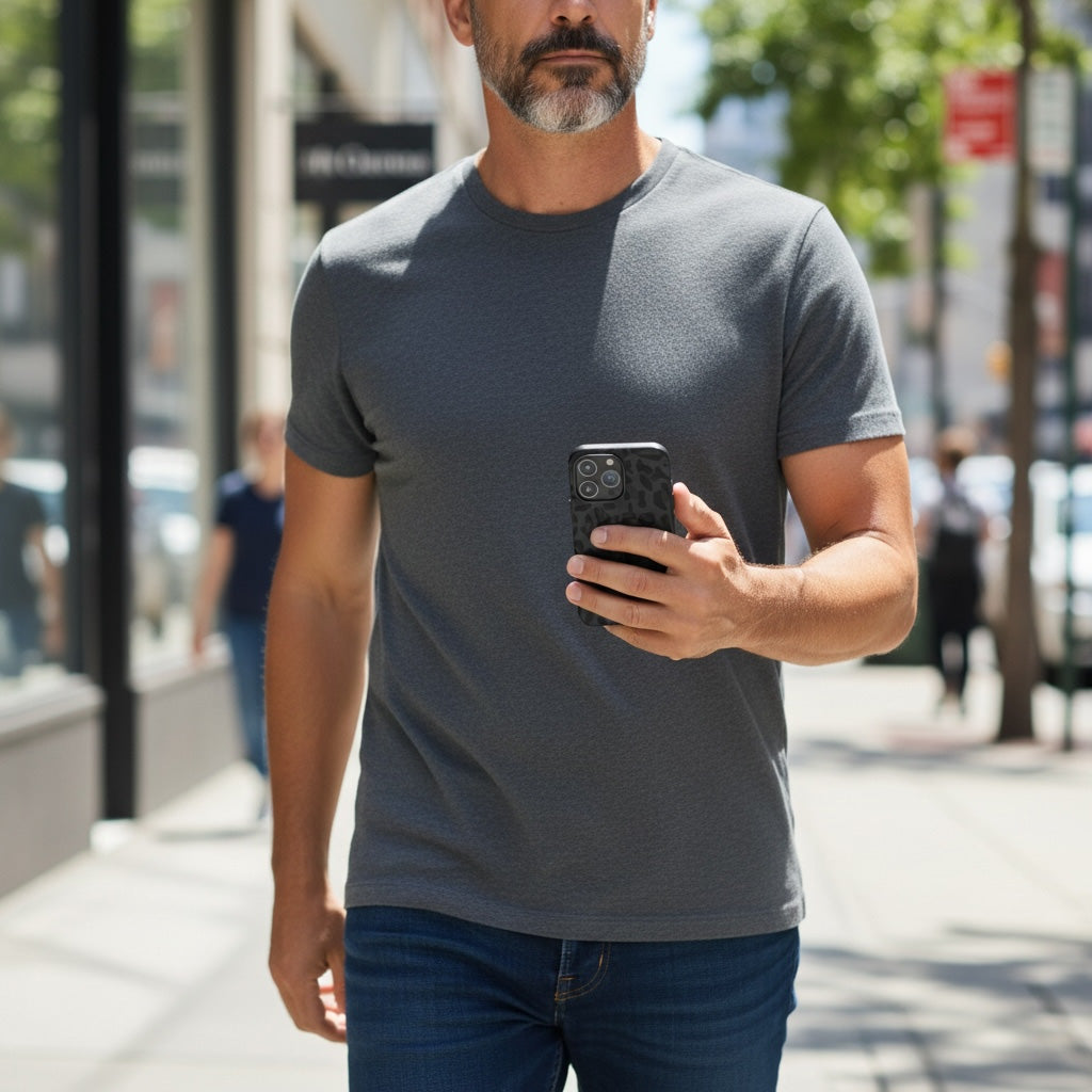 Man walking on a city street holding a cheetah print iphone case