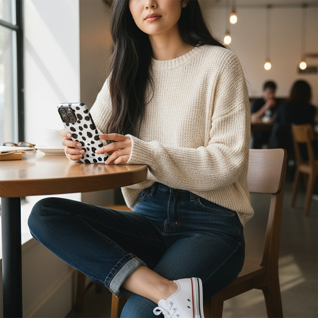 Woman sitting at a table in a cafe holding a phone with a polka dot case.