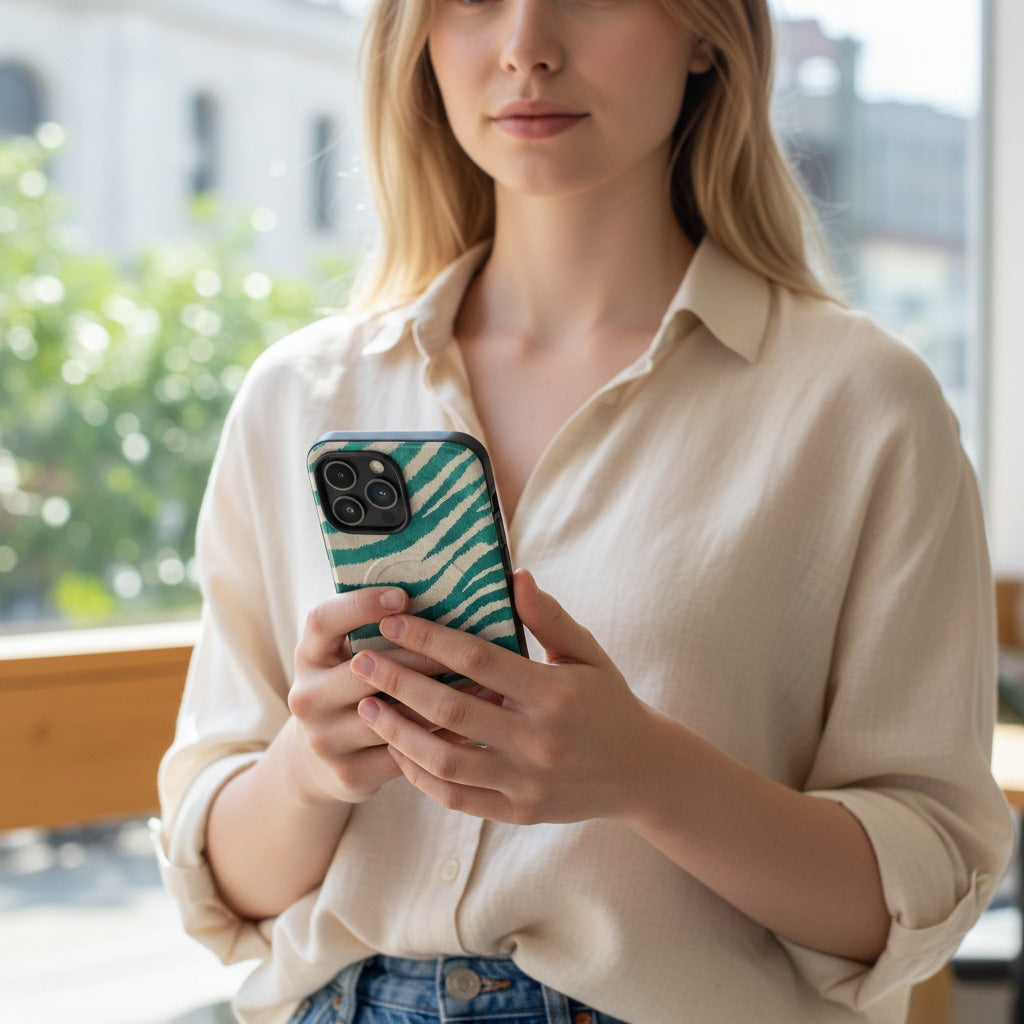 Woman holding a phone with a green zebra pattern case in an indoor setting