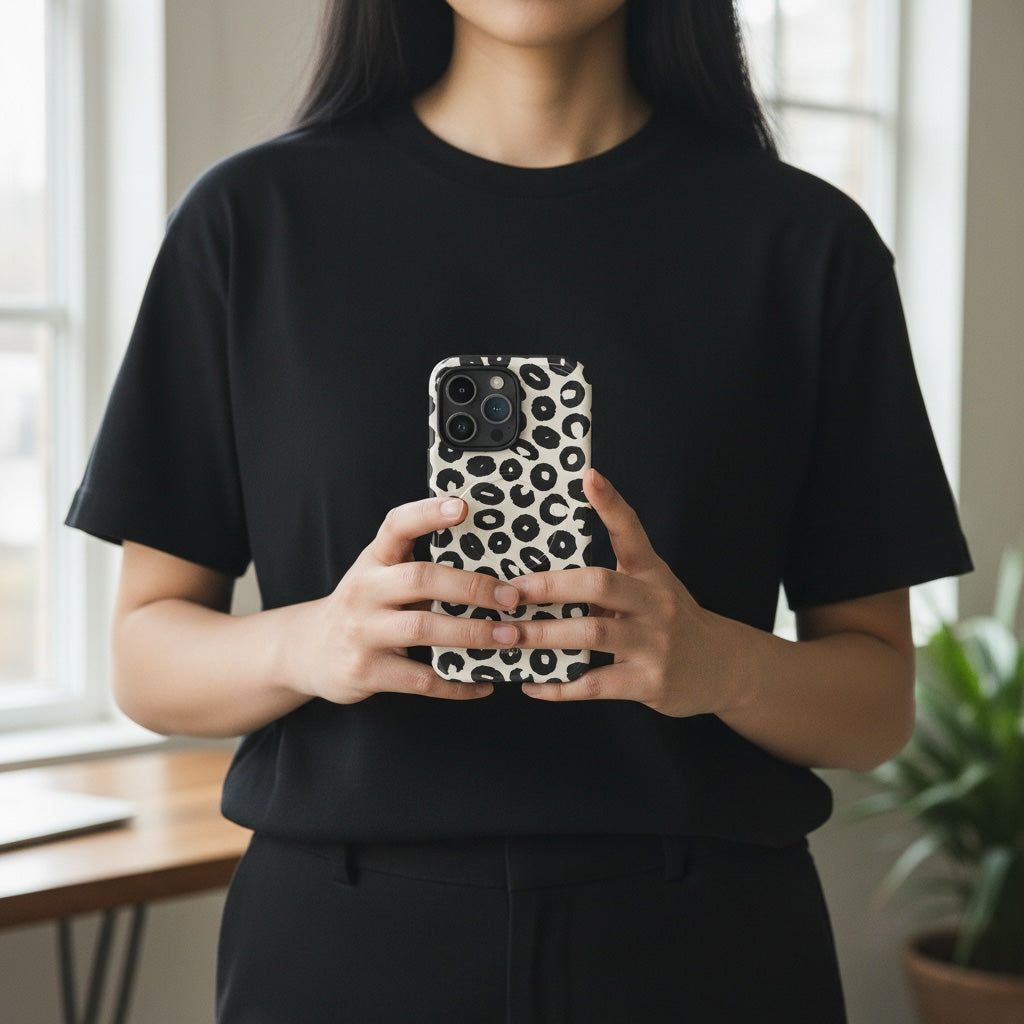 Person holding an iphone with a leopard print case in a room with a desk and plant.