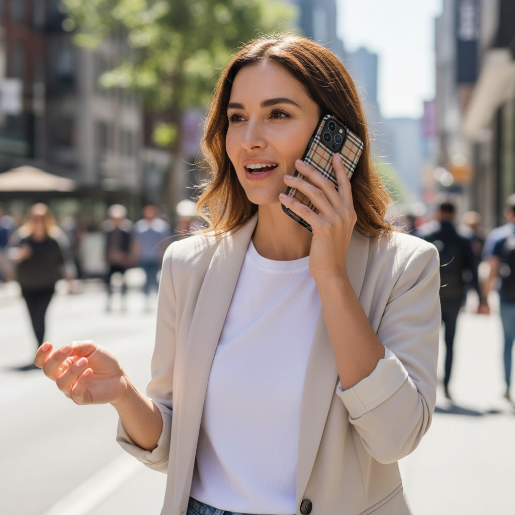 Woman talking on a london check iphone in an urban setting