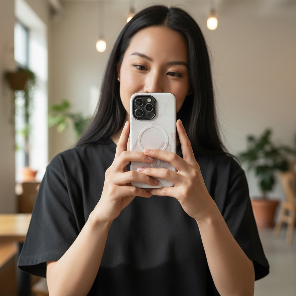 Woman holding a marble print iPhone case 