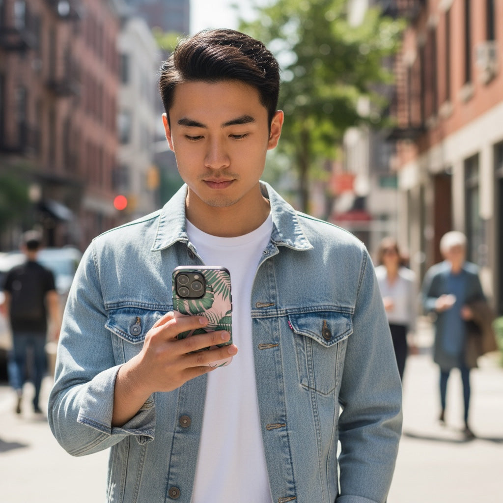Man in a denim jacket using a Palm Leaf print iphone on a city street