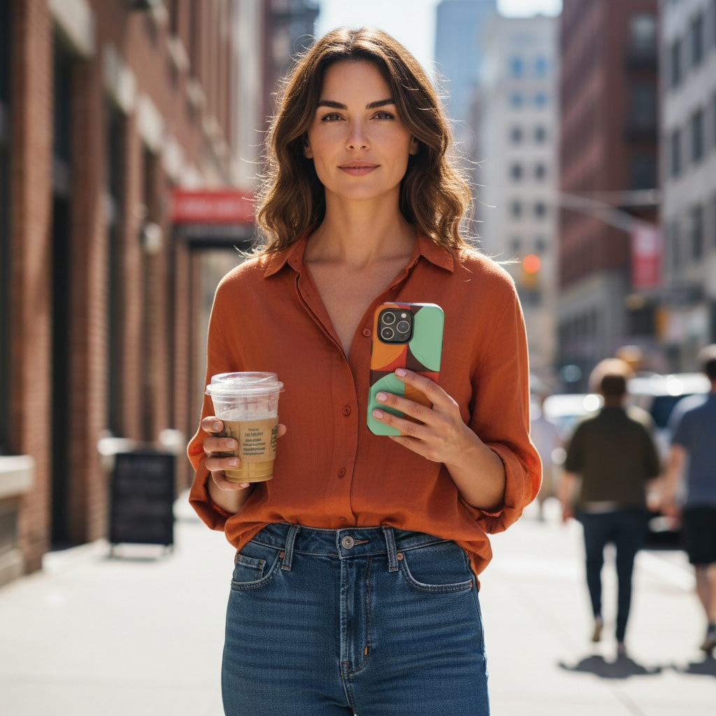 Woman holding a coffee cup and iphone with semi-circle print iPhone case on a city street