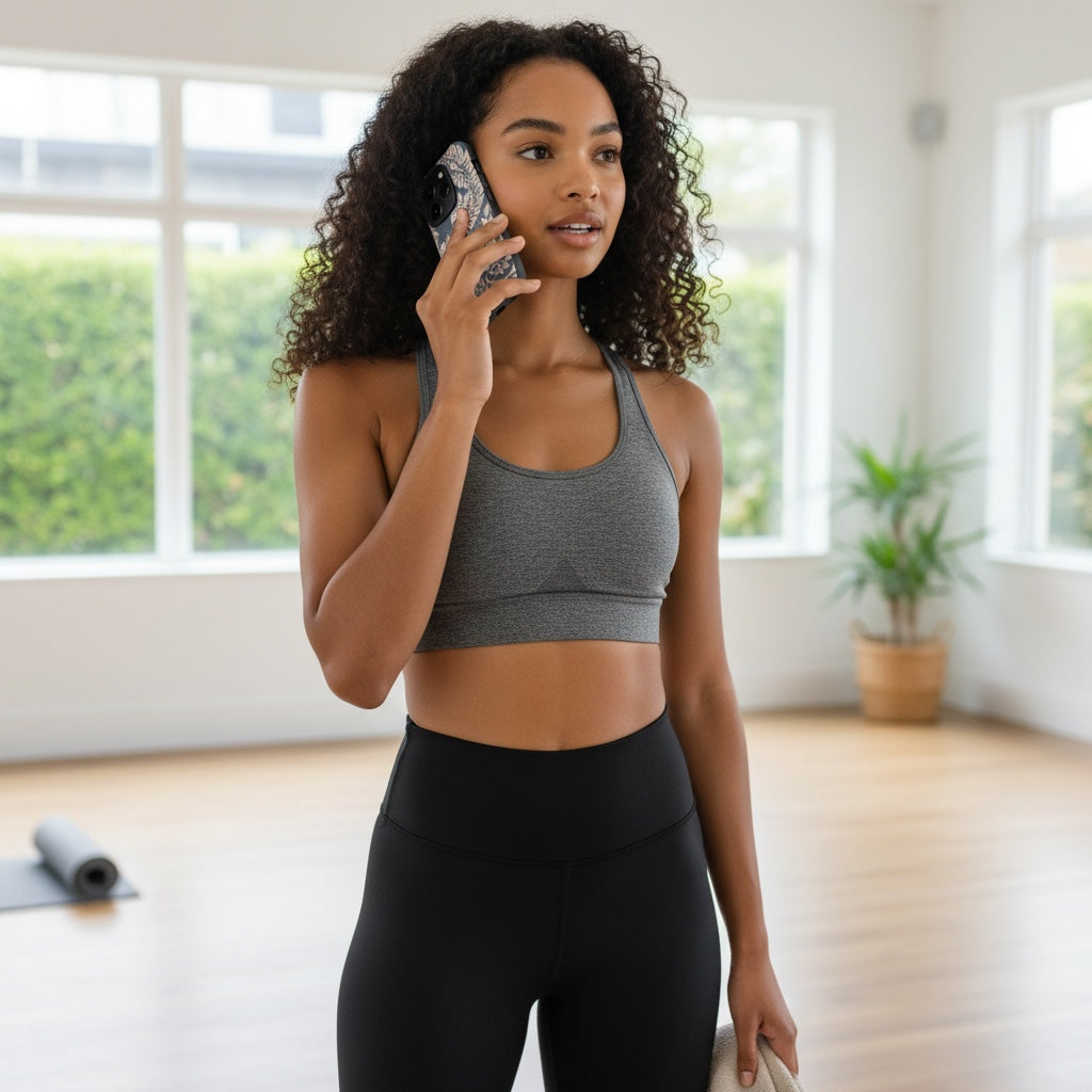 Woman in yoga studio talking on an  iphone with a yogi magsafe case