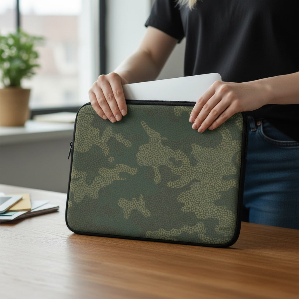 Person holding a green camouflage laptop sleeve on a wooden table.