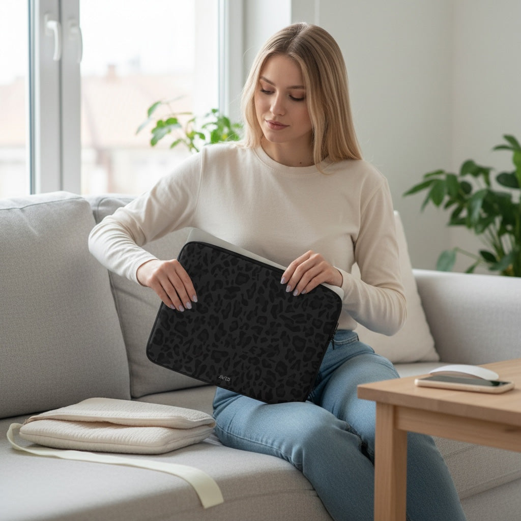 Woman sitting on a couch holding a black leopard print laptop sleeve in a bright living room.